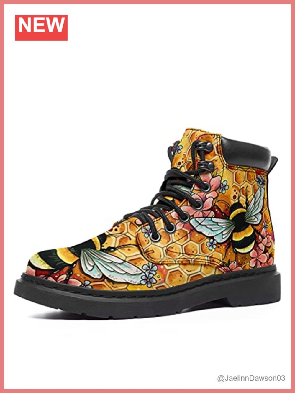 Women's Ankle Booties Handmade Bee Flower Boots Lace Up Round Toe Block Heel